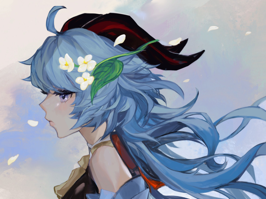 1girl 8h_kt ahoge bare_shoulders bell black_horns blue_hair closed_mouth flower ganyu_(genshin_impact) genshin_impact highres horns leaf long_hair neck_bell petals pink_lips profile purple_eyes qingxin_flower single_bare_shoulder solo upper_body white_flower