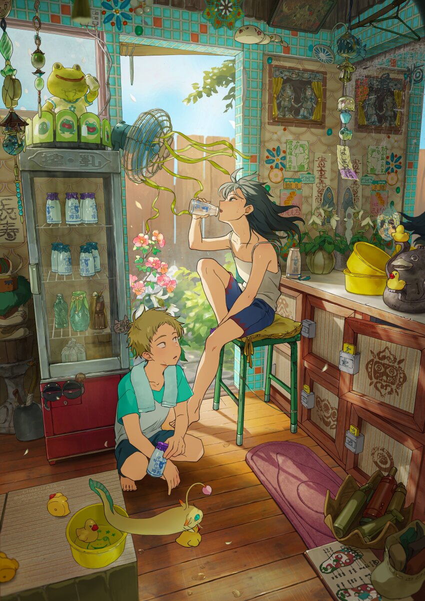 1boy 1girl absurdres arm_between_legs artist_name barefoot black_hair blonde_hair blue_eyes blue_shorts bottle brown_eyes bucket bush cabinet cable camisole carpet catfish chakotata collarbone counter electric_fan fence fish flat_chest floating_hair flower full_body glass_bottle green_eyes hand_up highres holding holding_bottle indoors knee_up light_particles loaded_interior long_hair looking_at_another looking_at_object looking_to_the_side messy_hair milk_bottle multicolored_shirt on_stool open_mouth original perspective pillow pink_flower plant potted_plant rubber_duck sack short_hair short_sleeves shorts sitting slit_pupils spaghetti_strap squatting statuette stool sunlight sweat sweatdrop teeth tile_wall tiles towel towel_around_neck twitter_username upper_teeth_only v-neck white_camisole white_flower wooden_fence wooden_floor yellow_pillow