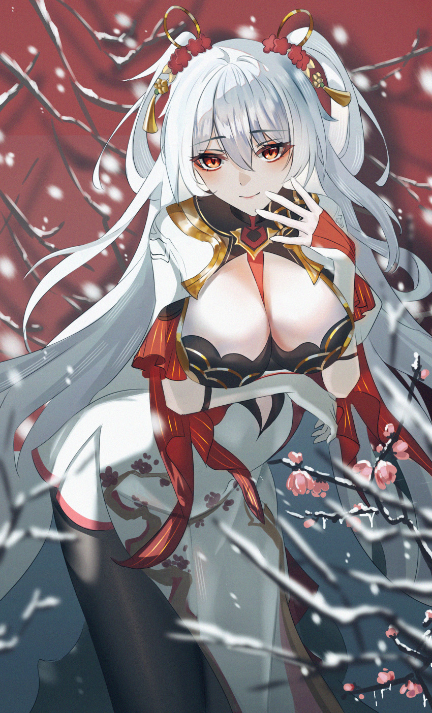 1girl absurdres arm_under_breasts breasts bud chinese_clothes chinese_commentary cleavage cleavage_cutout closed_mouth clothing_cutout commentary dress hair_between_eyes hair_ornament hair_rings he_jiu highres honkai_(series) honkai_impact_3rd large_breasts leaning_forward long_hair pelvic_curtain smile solo tassel tassel_hair_ornament theresa_apocalypse theresa_apocalypse_(luna_kindred) theresa_apocalypse_(lunar_vow:_crimson_love) theresa_apocalypse_(redolent_in_red) very_long_hair white_dress white_hair