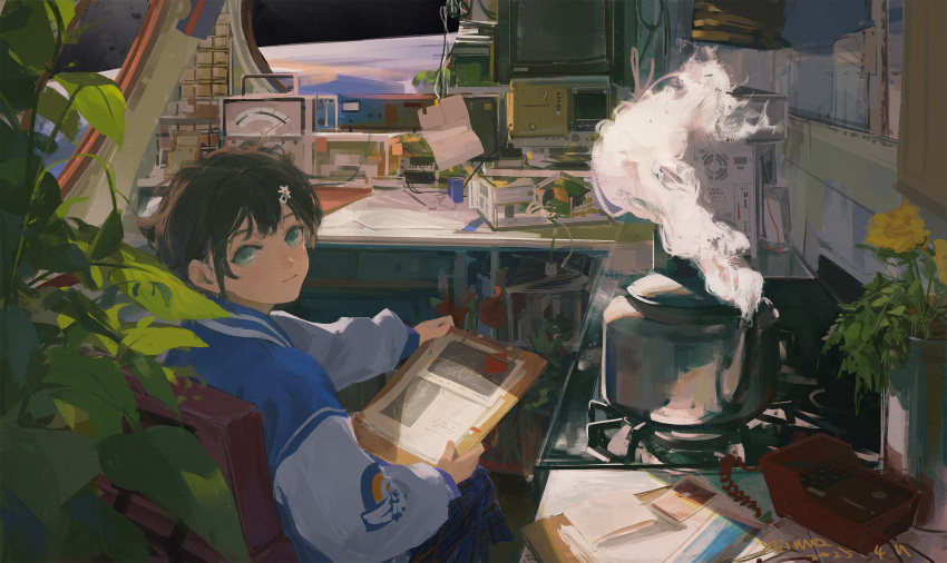 1girl black_hair blue_eyes blue_sky chinese_commentary clipboard commentary_request cooking_pot hair_ornament highres indoors looking_at_viewer original oscilloscope plaid_clothes plaid_skirt plant potted_plant short_hair skirt sky space_station steam xilmo