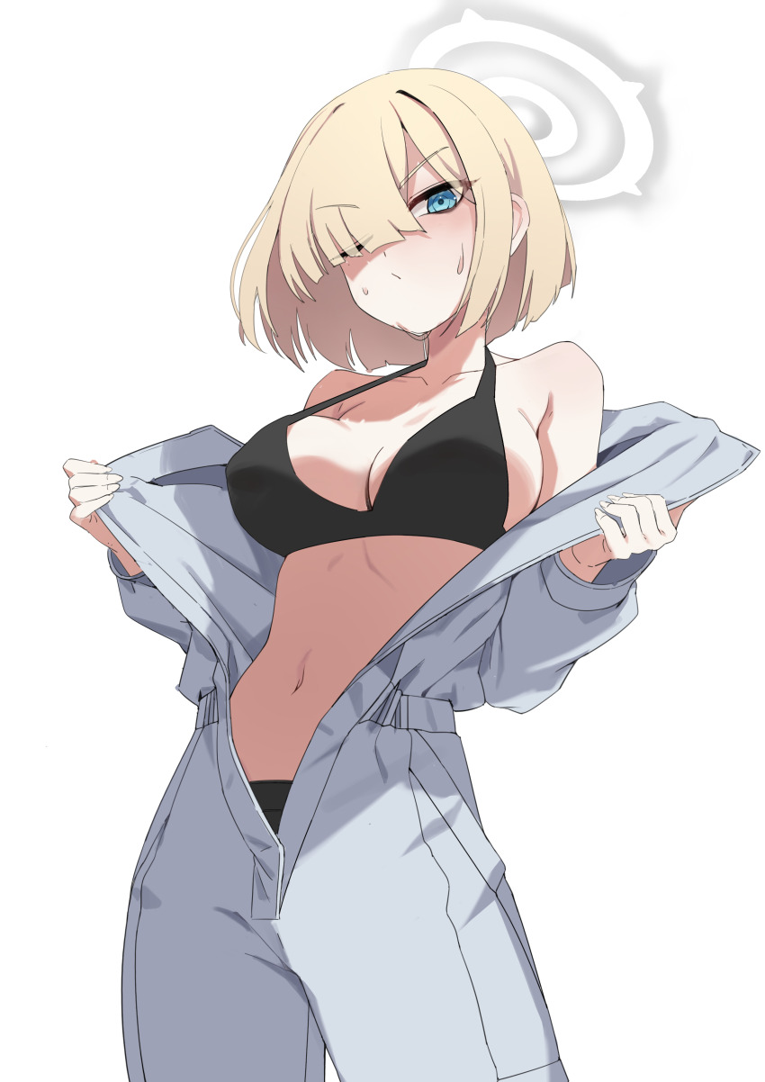 1girl absurdres bare_shoulders black_bra blonde_hair blue_archive blue_eyes blush bousouzoku bra breasts character_request cleavage closed_mouth collarbone commentary cowboy_shot delinquent hair_between_eyes hair_over_one_eye halo highres large_breasts long_sleeves looking_at_viewer midriff navel off_shoulder open_clothes panties short_hair simple_background solo standing stomach td_(tandeom97) underwear undressing white_background