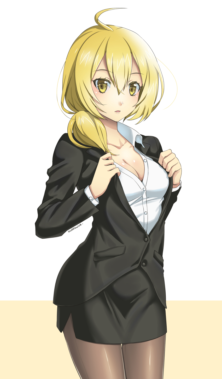 absurdres black_skirt breasts business_suit button_gap clip_studio_paint_(medium) collared_shirt commission eudetenis final_fantasy final_fantasy_brave_exvius formal_clothes genderswap genderswap_(mtf) highres partially_unbuttoned pectoral_cleavage pectorals pencil_skirt ramza_beoulve shirt skirt skirt_suit suit unbuttoned war_of_the_visions:_final_fantasy_brave_exvius white_shirt