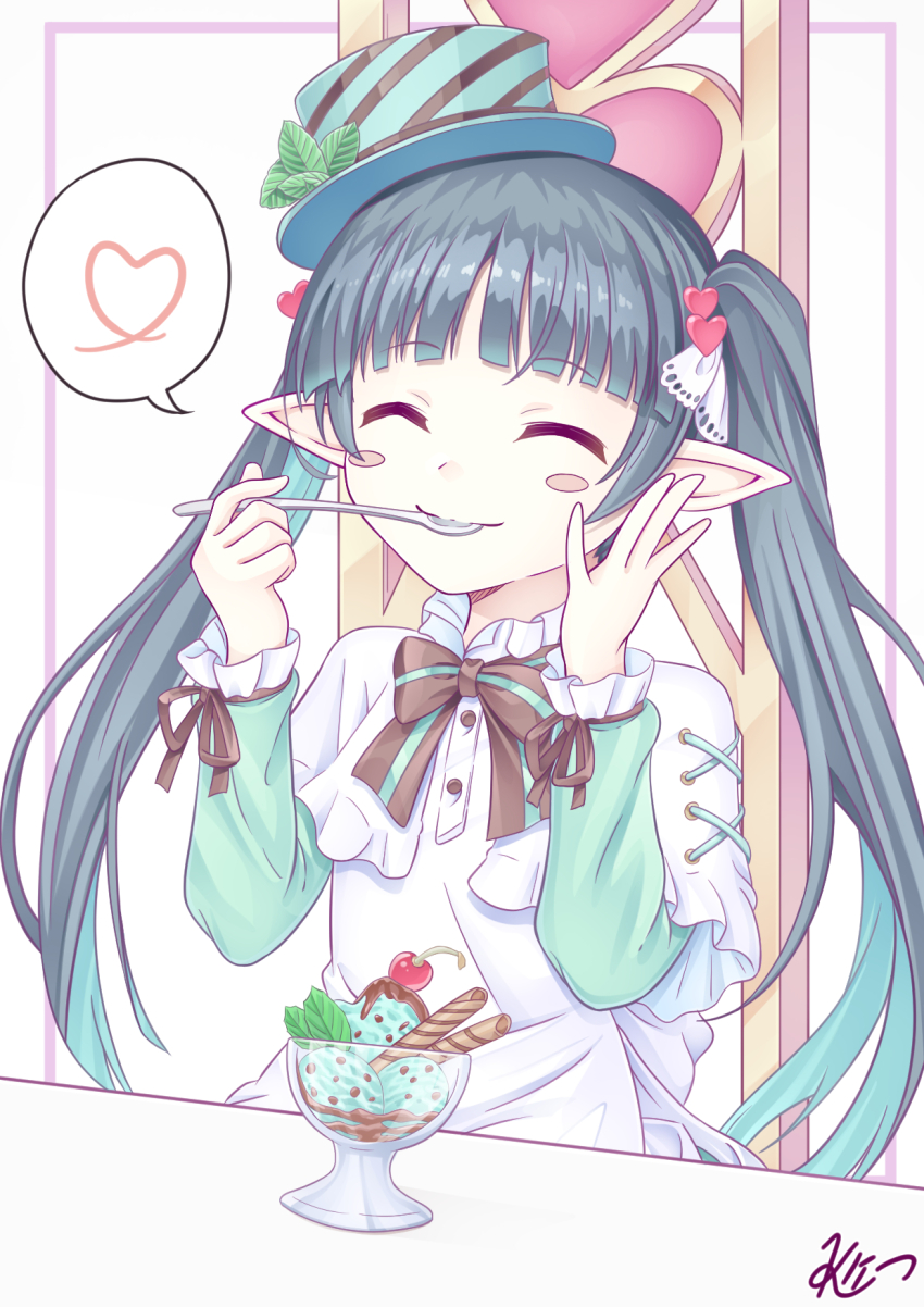 1girl artist_name black_hair black_ribbon closed_eyes dress food frilled_dress frilled_sleeves frills hat highres holding holding_spoon ice_cream iris_mysteria! k_(nura-rikuo) long_hair mint_chocolate naja_(iris_mysteria!) ribbon smile spoon twintails utensil_in_mouth white_dress