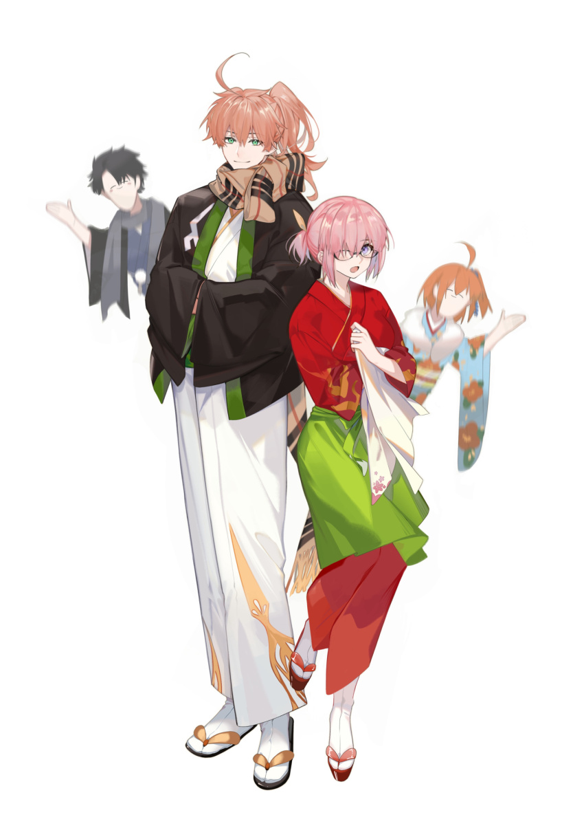 2boys 2girls :o ahoge alternate_costume apron arlizi black-framed_eyewear black_hair black_jacket blue_kimono blush_stickers brown_scarf closed_eyes closed_mouth fate/grand_order fate_(series) floral_print fringe_trim fujimaru_ritsuka_(female) fujimaru_ritsuka_(female)_(ceremonial_new_year) fujimaru_ritsuka_(male) fujimaru_ritsuka_(male)_(ceremonial_new_year) full_body fur_shawl glasses gold_trim green_apron green_eyes grey_scarf hair_between_eyes hair_over_one_eye hand_up hands_in_opposite_sleeves hanten_(clothes) haori haori_himo highres holding_cloth jacket japanese_clothes kimono light_blush long_hair long_scarf long_sleeves looking_at_another looking_at_viewer mash_kyrielight mash_kyrielight_(enma-tei_uniform) motion_blur multiple_boys multiple_girls obi okobo open_mouth orange_hair pink_hair platform_sandals ponytail purple_eyes red_kimono revision romani_archaman sandals sash scarf shawl short_hair short_ponytail side-by-side simple_background smile socks standing standing_on_one_leg tabi waist_apron waving white_background white_kimono white_socks wide_sleeves zouri