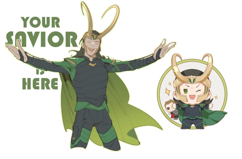 2boys ;d black_hair brown_hair cape chibi english_text eyepatch fake_horns green_cape green_eyes hair_pulled_back highres horned_headwear horns loki_(marvel) long_hair long_sleeves male_focus marvel marvel_cinematic_universe multiple_boys multiple_views one_eye_closed open_mouth outstretched_arms smile sparkle spread_arms teeth thor:_ragnarok thor_(marvel) thumbs_up tobu_(bilibil) upper_teeth_only white_background