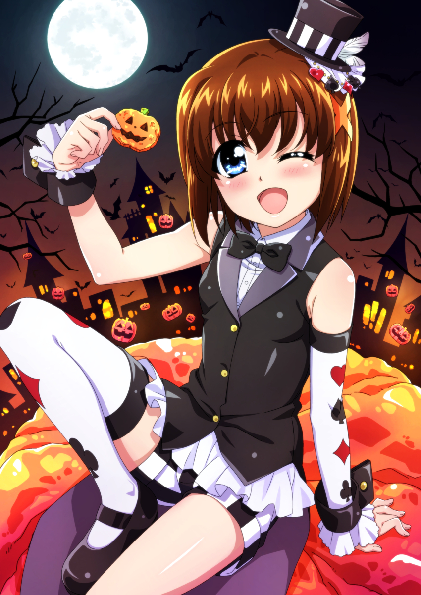 1girl ;d asymmetrical_clothes bare_tree black_bow black_bowtie black_hat black_shorts black_vest blouse blue_eyes bow bowtie brown_hair club_(shape) coattails commentary_request diamond_(shape) dress_shirt frilled_cuffs full_moon hair_ornament halloween halloween_costume hat heart highres holding jack-o&#039;-lantern_ornament knee_up looking_at_viewer lyrical_nanoha mahou_shoujo_lyrical_nanoha mary_janes mini_hat mini_top_hat miyajima_hitoshi moon night one_eye_closed open_mouth outdoors partial_commentary pumpkin shirt shoes short_hair short_shorts shorts single_sleeve single_thighhigh sitting smile solo spade_(shape) striped_clothes striped_shorts thighhighs tilted_headwear top_hat tree vertical-striped_clothes vertical-striped_shorts vest white_shirt white_sleeves white_thighhighs wing_collar x_hair_ornament yagami_hayate
