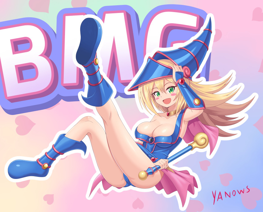 1girl :d absurdres ass blonde_hair blue_boots blush_stickers boots breasts cameltoe character_name dark_magician_girl detached_sleeves duel_monster gradient_background green_eyes hair_between_eyes hand_up highres holding holding_staff large_breasts long_hair open_mouth outline pink_background shiny_skin smile solo staff white_outline yanows yu-gi-oh!