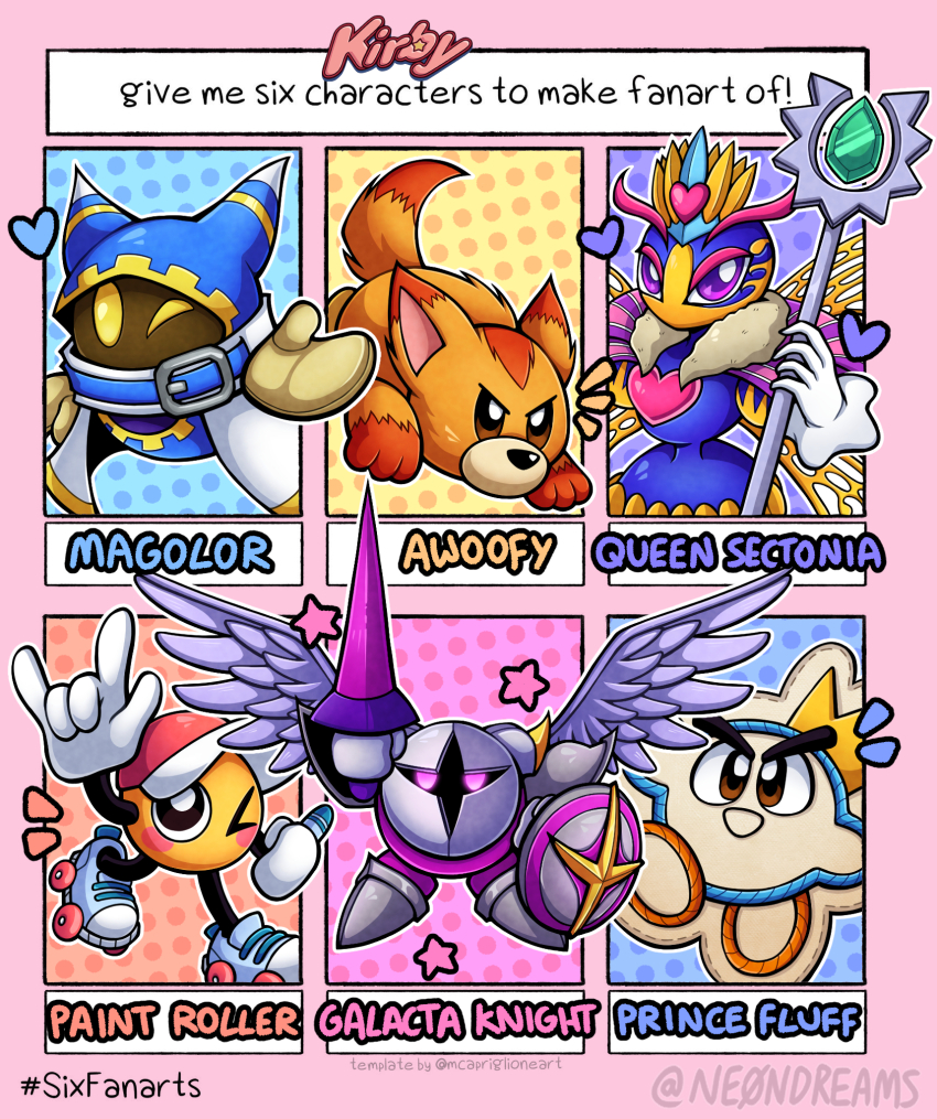 1girl \m/ animal_ears armor awoofy baseball_cap crown english_text fox_ears fox_girl galacta_knight gloves hat heart highres holding holding_shield insect_wings kirby&#039;s_adventure kirby&#039;s_epic_yarn kirby:_triple_deluxe kirby_(series) kirby_and_the_forgotten_land kirby_super_star_ultra lance magolor mask multiple_drawing_challenge ne0n nintendo one_eye_closed paint_roller_(kirby) pauldrons polearm prince_fluff purple_eyes queen_sectonia rayman_limbs roller_skates shield shoulder_armor six_fanarts_challenge skates staff star_(symbol) weapon white_gloves wings