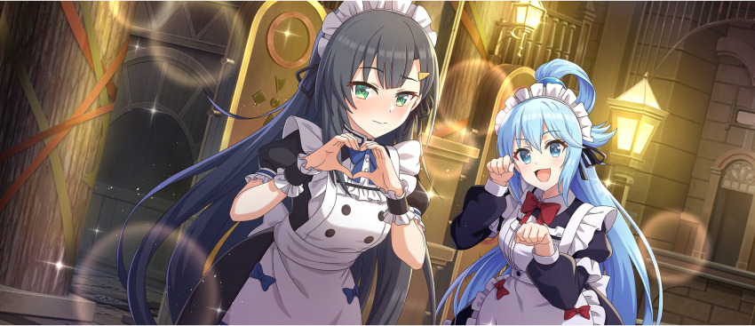 2girls apron aqua_(konosuba) black_hair black_ribbon black_sleeves blue_bow blue_bowtie blue_eyes blue_hair blue_ribbon blush bow bowtie breasts embarrassed game_cg green_eyes hair_ornament hair_ribbon hairclip highres kono_subarashii_sekai_ni_shukufuku_wo! konosuba!_fantastic_days lia_(konosuba) long_hair long_sleeves looking_at_viewer maid_apron maid_headdress medium_breasts multiple_girls official_art puffy_long_sleeves puffy_short_sleeves puffy_sleeves red_bow red_bowtie red_ribbon ribbon short_sleeves white_wrist_cuffs wrist_cuffs
