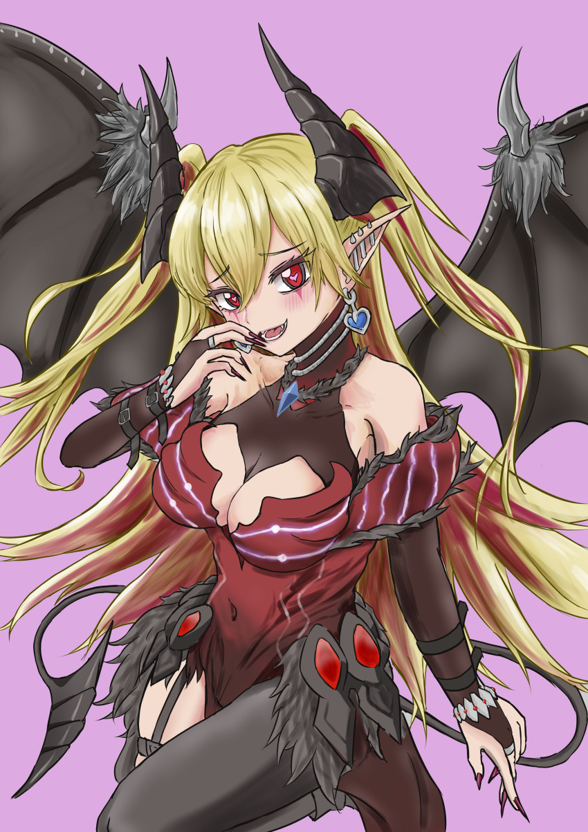 absurdres bare_shoulders black_horns black_leotard black_tail black_thighhighs blonde_hair breasts cleavage cleavage_cutout clothing_cutout cowboy_shot demon_girl demon_horns demon_tail demon_wings dress duel_monster ear_piercing garter_straps gt_majoyan heart heart-shaped_pupils highres horns lacrima_the_crimson_tears large_breasts leotard long_hair number_92_heart-earth_dragon piercing pointy_ears purple_background red_dress red_eyes red_hair simple_background symbol-shaped_pupils tail thighhighs two_side_up wings yu-gi-oh!