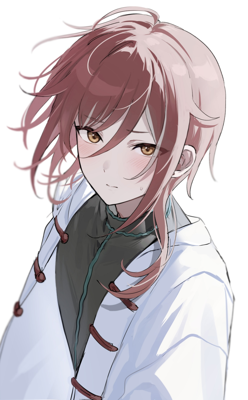 1boy bishounen black_shirt blurry closed_mouth depth_of_field ensemble_stars! frog_button furrowed_brow highres jacket light_blush light_frown male_focus mandarin_collar open_clothes open_jacket portrait red_hair sakasaki_natsume shirt short_hair_with_long_locks simple_background single_sidelock solo split_mouth sweatdrop toggles tsmkwa white_background white_jacket yellow_eyes