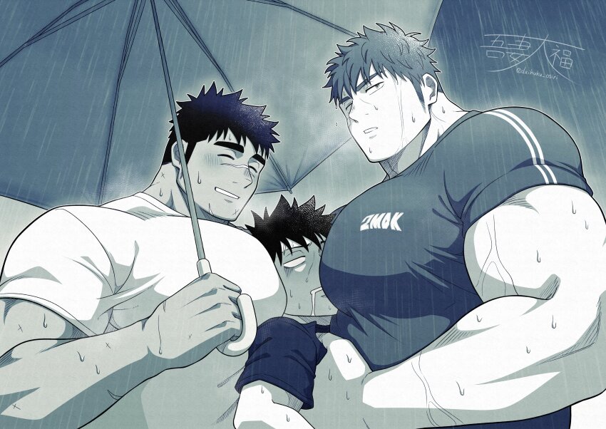 3boys absurdres bara between_pecs between_pectorals blank_eyes blush boy_sandwich closed_eyes dark-skinned_male dark_skin from_side greyscale_with_colored_background head_between_pecs highres huge_pectorals male_focus multiple_boys muscular muscular_male original paid_reward_available pectorals saliva sandwiched shared_umbrella smile sports_bra sweat ta_koazuma thick_eyebrows umbrella upper_body yaoi