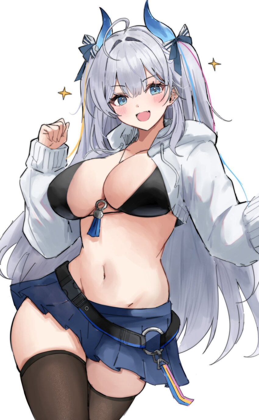1girl ahoge azur_lane bikini bikini_top_only black_thighhighs blue_eyes blue_hair blue_horns blue_skirt blue_streaks blush breasts cleavage commentary_request cropped_jacket grey_hair hair_intakes highres horns jacket large_breasts long_hair long_sleeves looking_at_viewer multicolored_hair open_clothes open_jacket open_mouth puffy_long_sleeves puffy_sleeves simple_background skindentation skirt smile solo soul_(dp11) streaked_hair suffren_(azur_lane) suffren_(impulsive_incident)_(azur_lane) swimsuit thick_thighs thighhighs thighs twintails very_long_hair white_background white_jacket zettai_ryouiki