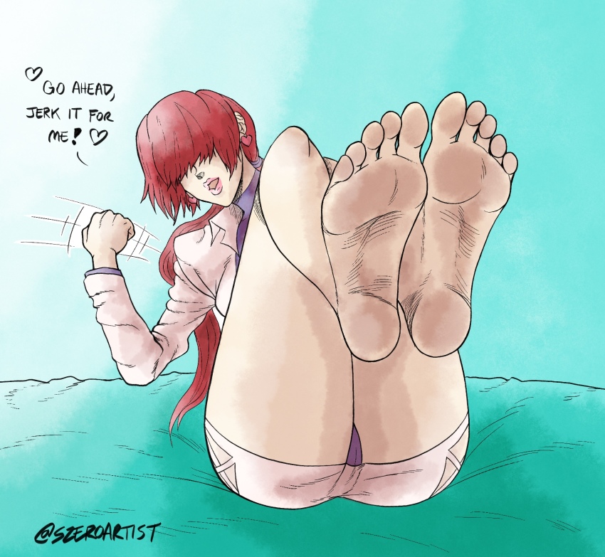 1girl ass barefoot bed cameltoe clothes_lift curvy dress earrings english_text feet female_focus fishnets foot_focus handjob_gesture heart highres huge_ass jacket jewelry legs_up long_hair long_sleeves looking_at_viewer on_bed panties ponytail red_hair shermie_(kof) skirt skirt_lift szero szeroartist the_king_of_fighters thick_lips thick_thighs thighs underwear wide_hips