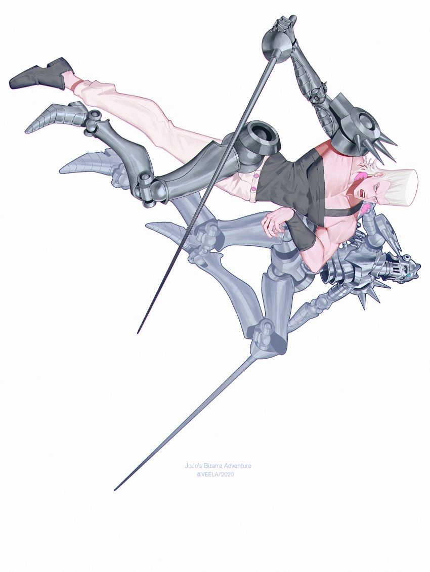 1boy absurdres artist_name black_shirt black_shoes chinese_commentary copyright_name dated dynamic_pose earrings english_text flattop full_body heart heart_earrings highres holding holding_sword holding_weapon jean_pierre_polnareff jewelry jojo_no_kimyou_na_bouken male_focus medium_hair muscular muscular_male open_mouth palmar_flexion pants prosthesis prosthetic_arm prosthetic_leg shirt shoes sideways solo stand_(jojo) stardust_crusaders sword veela weapon white_background white_eyes white_hair white_pants