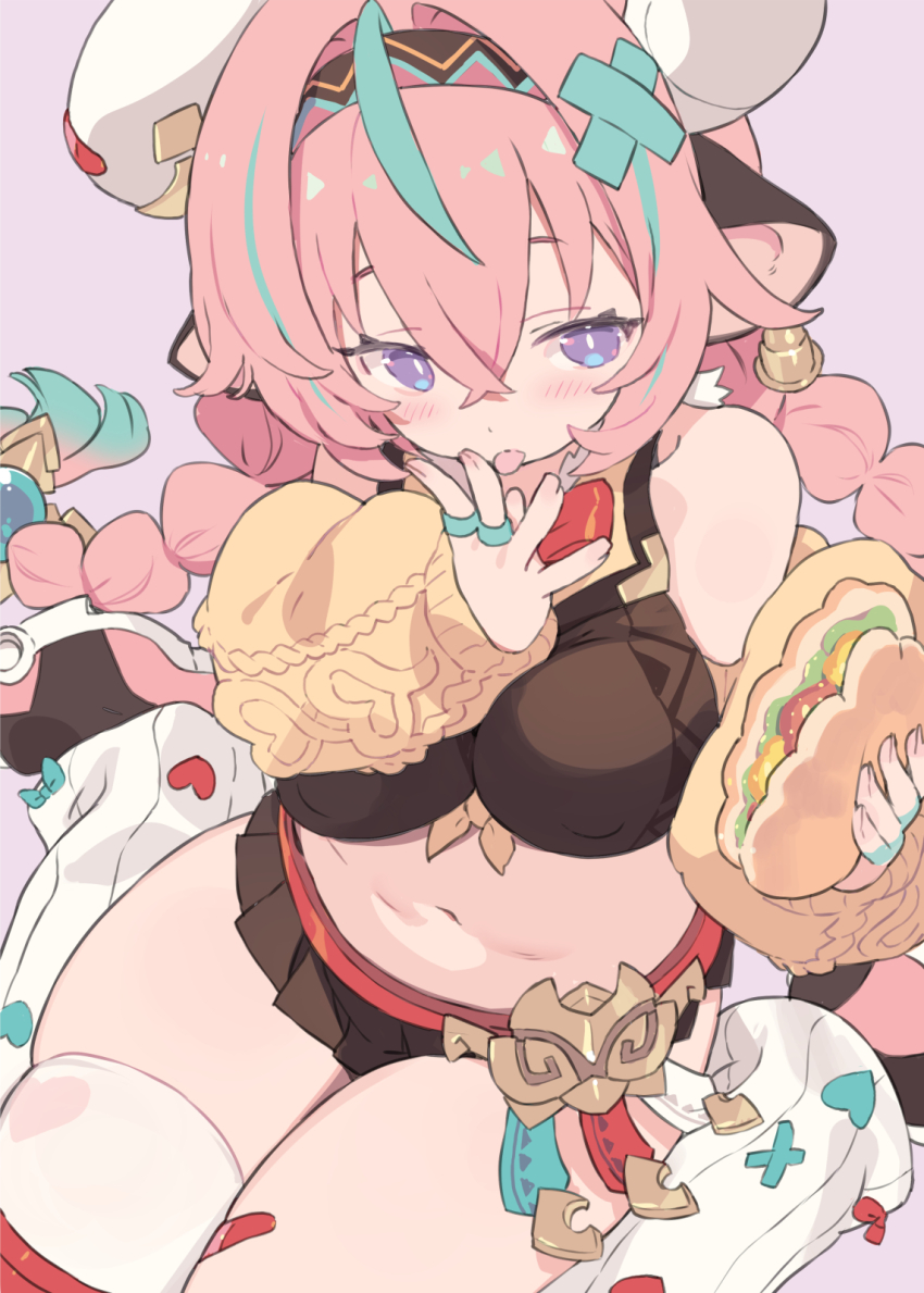 1girl animal_ears aqua_hair bandaid_on_thigh blade_(galaxist) blush braid breasts colored_tips commentary cow_ears cow_girl cow_horns fingernails food genshin_impact highres horns large_breasts long_hair long_sleeves multicolored_hair navel pink_background pink_hair pink_nails purple_eyes sandwich simple_background sitting solo stomach streaked_hair symbol-only_commentary thighhighs thighs tongue tongue_out varesa_(genshin_impact) wariza white_thighhighs