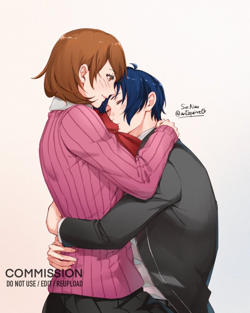 1boy 1girl black_jacket black_skirt blue_hair blush bow bowtie brown_eyes brown_hair cardigan closed_eyes closed_mouth collared_shirt commentary commission couple english_commentary flipped_hair from_side gekkoukan_high_school_uniform gradient_background highres hug jacket leaning_on_person long_sleeves open_clothes open_jacket persona persona_3 pink_cardigan pink_lips pleated_skirt profile red_bow red_bowtie ribbed_cardigan school_uniform shirt short_hair skirt smile soc_nau takeba_yukari twitter_username white_shirt yuuki_makoto_(persona_3)