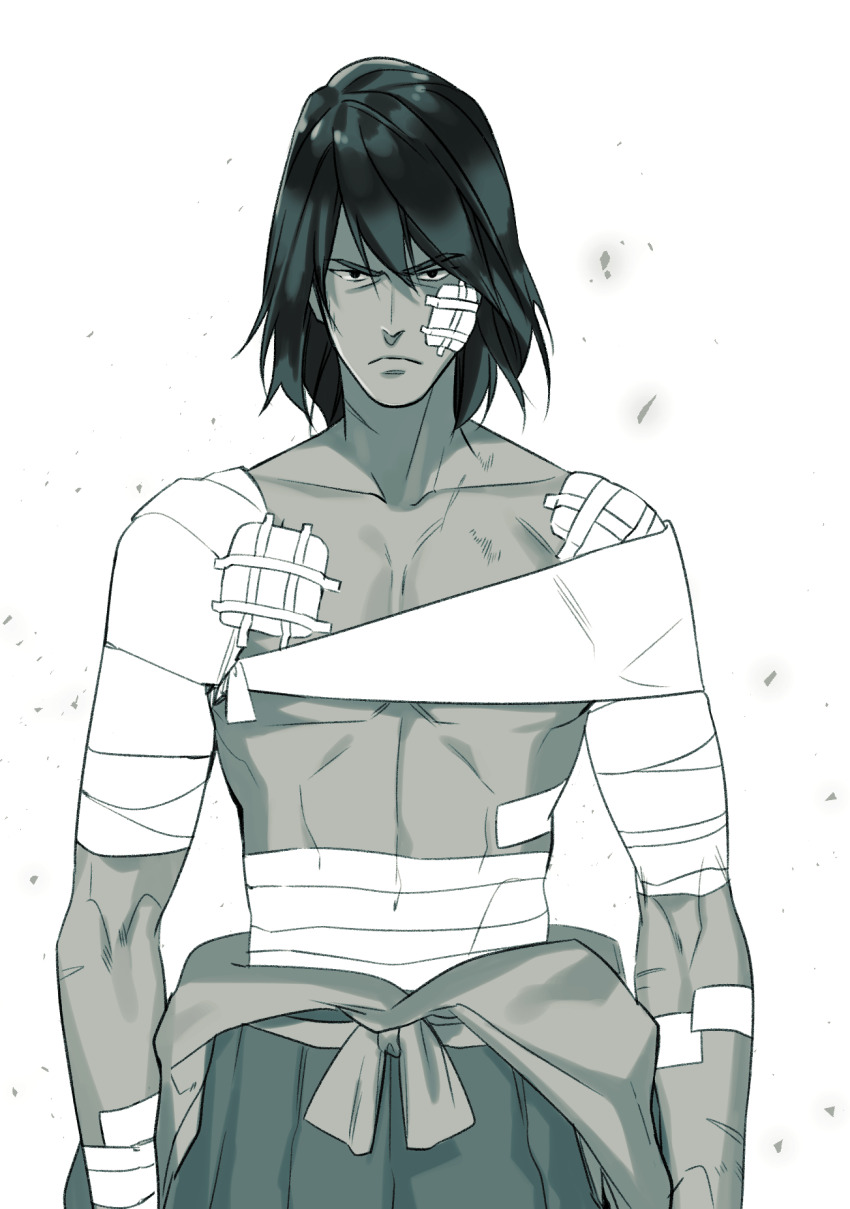 1boy bandaged_arm bandages closed_mouth collarbone gauze_on_arm gauze_on_chest hakama halorane highres injury ishikawa_goemon_xiii japanese_clothes looking_at_viewer lupin_iii male_focus monochrome pectorals scar scar_on_arm short_hair simple_background solo straight-on toned toned_male topless_female topless_male