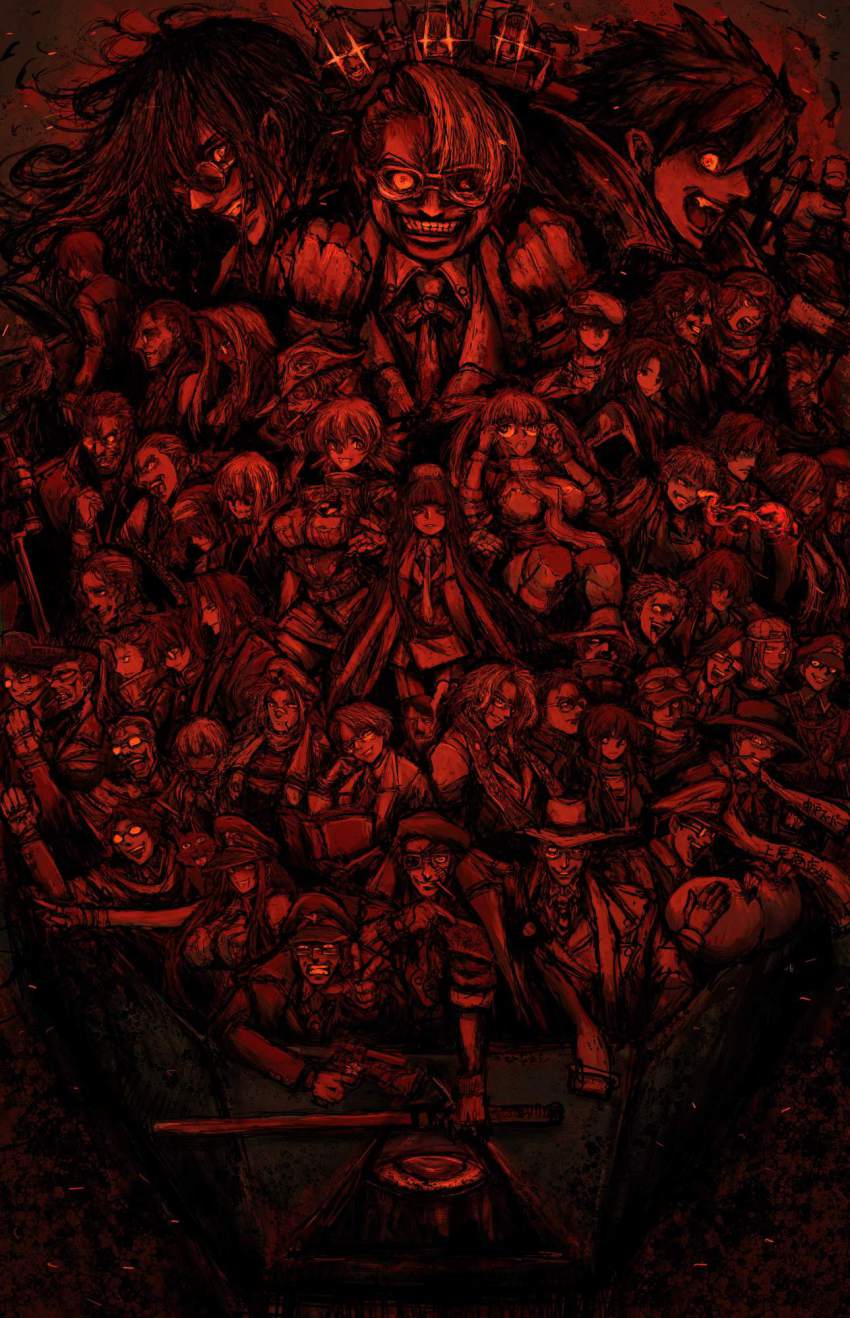 10s abe_no_seimei_(drifters) absolutely_everyone adolf_hitler alexander_anderson alucard_(hellsing) anastasia_nikolaevna_romanova animal_ears beard butch_cassidy captain_(hellsing) cat_ears creator_connection crossover doctor_(hellsing) drifters easy_(drifters) enrico_maxwell everyone eyepatch facial_hair girlycard glasses hannibal_barca hat heinkel_wolfe hellsing highres hijikata_toshizou_(drifters) integra_hellsing jan_valentine jeanne_d&#039;arc_(drifters) kanno_naoshi long_hair luke_valentine major_(hellsing) moto_murabito multiple_boys multiple_girls mustache nasu_no_yoichi oda_nobunaga_(drifters) olmine pip_bernardotte rasputin_(drifters) red_theme rip_van_winkle_(hellsing) schroedinger_(hellsing) seras_victoria shimazu_toyohisa short_hair smile sundance_kid takagi_yumie the_black_king_(drifters) toothbrush_mustache trap twintails walter_c._dornez