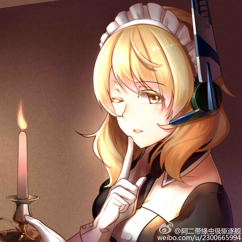 1girl aer_(tengqiu) blonde_hair candle colored_eyelashes finger_to_mouth gloves highres looking_at_viewer maid maid_headdress necktie one_eye_closed puffy_sleeves renown_(warship_girls_r) short_sleeves shushing solo upper_body warship_girls_r watermark weibo_watermark weibo_watermark white_gloves yellow_eyes