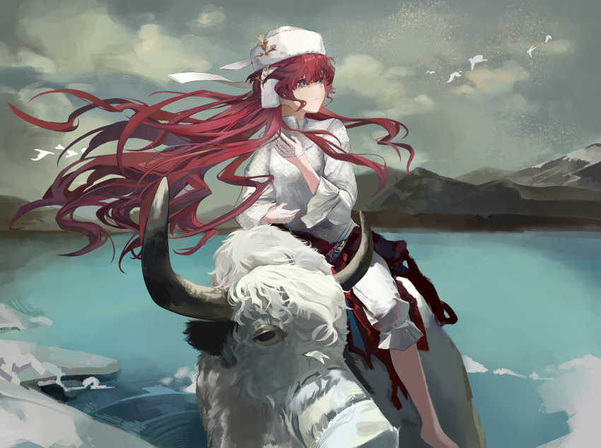 1girl absurdres blue_eyes cloud feet_out_of_frame fishnet_gloves fishnets floating_hair gloves grey_sky hand_up hat highres lake long_hair looking_to_the_side mountainous_horizon outdoors pants pants_under_skirt red_hair red_skirt reverse:1999 riding shirt simple_bird skirt sky solo turning_head ushanka very_long_hair white_gloves white_hat white_pants white_shirt wu_fuzuoyong yak yenisei_(reverse:1999)