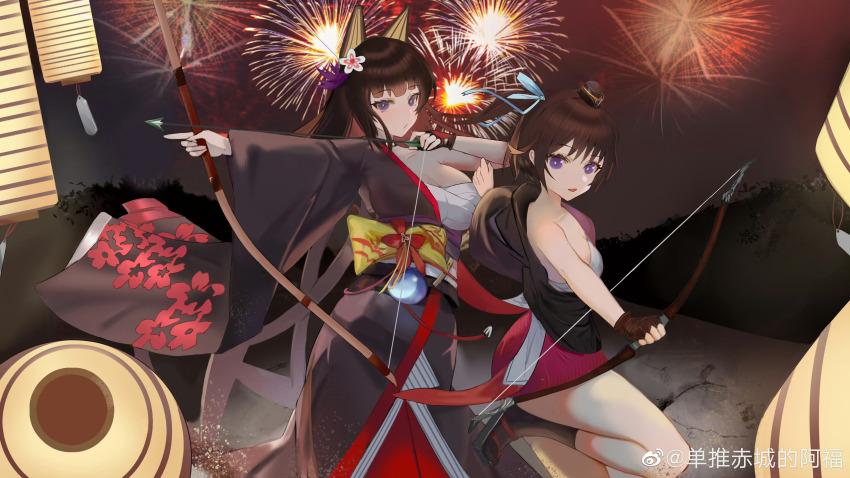 2girls absurdres aerial_fireworks akagi_(warship_girls_r) animal_ears arrow_(projectile) bare_shoulders black_gloves black_kimono bow_(weapon) breasts brown_hair chichengde_haotidu_afusang cleavage fingerless_gloves fireworks flower gloves hadanugi_dousa hair_flower hair_ornament highres holding holding_bow_(weapon) holding_weapon japanese_clothes kimono large_breasts long_hair long_sleeves looking_at_viewer multiple_girls open_clothes open_kimono purple_eyes sarashi sash skirt socks standing warship_girls_r watermark weapon weibo_watermark wide_sleeves