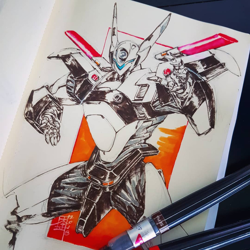 2018 art_tools_in_frame assault_visor av-xo_type_zero commentary english_commentary fighting_stance kidou_keisatsu_patlabor looking_ahead mar-c! marker marker_(medium) mecha no_humans open_hands photo_(medium) police robot science_fiction solo traditional_media