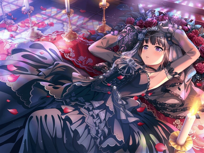 1girl artist_request bang_dream! black_dress black_hair breasts bridal_veil candle collar dress falling_petals gloves indoors jewelry large_breasts long_hair looking_at_viewer lying official_art petals purple_eyes shirokane_rinko solo veil wedding_dress