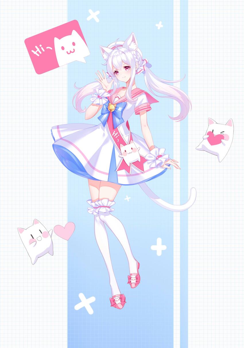 1girl absurdres ahoge animal_ear_fluff animal_ears bcy bell beret blue_background blue_bow blue_bowtie bow bowtie braid cat_ears cat_ornament cat_tail dress foot_up frilled_thighhighs frills full_body gradient_background grid_background hand_up hat highres huhu layered_dress logo long_hair low_twintails mary_janes original pink_eyes pink_sailor_collar pink_sash pink_shoes sailor_collar sailor_dress sash scrunchie shoes short_dress short_sleeves side_braid sidelocks smile solo standing standing_on_one_leg tail thighhighs twintails waving white_dress white_hair white_hat white_tail white_thighhighs wrist_scrunchie yuejiu