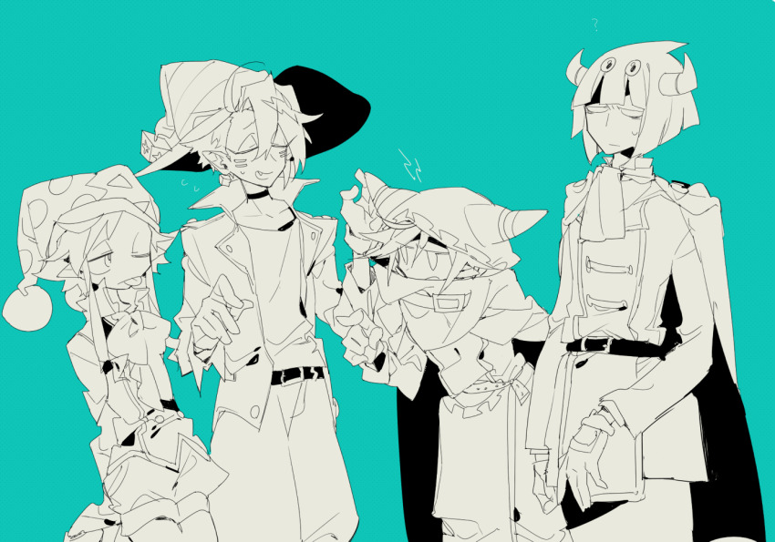 4boys ;p ahoge animal_ear_hood aqua_background ascot asymmetrical_bangs baggy_pants belt belt_buckle belt_collar bow bowtie buckle buttons cape choker closed_eyes closed_mouth coat collar collarbone collared_shirt commentary_request cube_earrings cube_hat_ornament dot_nose double-breasted earrings extra_eyes eyelashes facial_mark fake_animal_ears fang feet_out_of_frame frown gear_print genderswap genderswap_(ftm) gloves greyscale_with_colored_background gryll_(kirby) hair_between_eyes hands_up hat hat_ornament higa423 high_collar hood hood_up hooded_jacket horns jacket jester_cap jewelry kirby_(series) lapels leaning_forward leather leather_jacket long_sleeves magolor male_focus marx_(kirby) military_uniform multiple_boys nintendo notched_lapels one_eye_closed open_clothes open_jacket open_mouth outstretched_arm pants personification pointy_ears polka_dot_headwear pom_pom_(clothes) puffy_shorts scarf shirt shorts shout_lines simple_background solid_eyes standing sweatdrop taranza tongue tongue_out triangle_print vest whisker_markings witch_hat