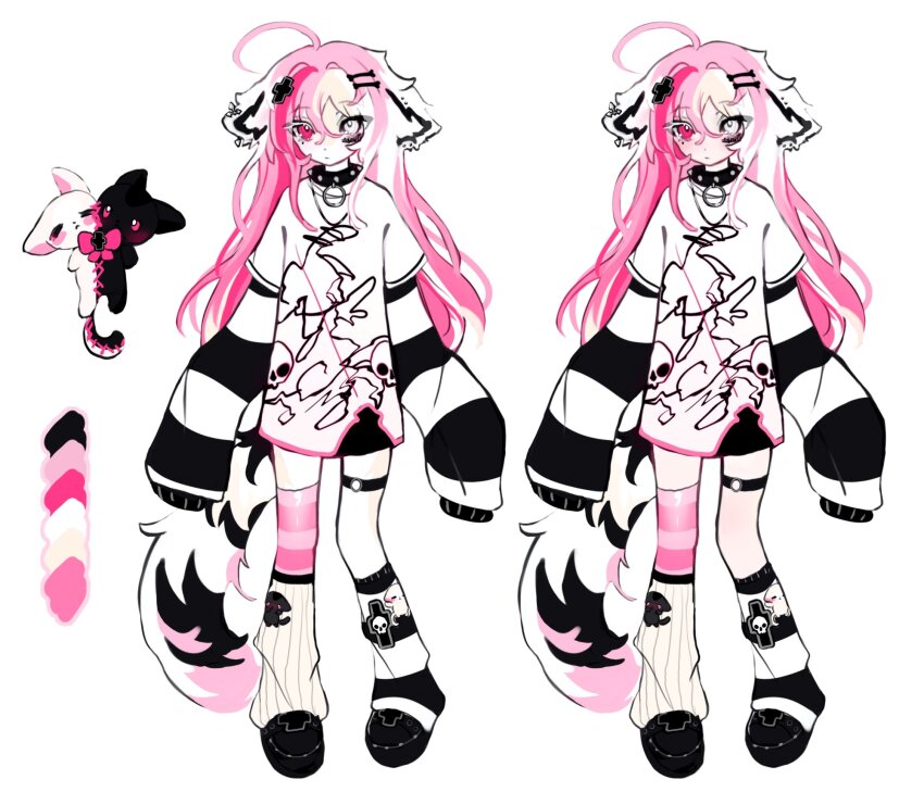 1girl ahoge animal_ears black_collar black_shoes closed_mouth cloud_(lufaeris) collar color_guide commentary english_commentary full_body hair_between_eyes heterochromia highres leg_warmers long_sleeves looking_at_viewer multiple_views original pink_eyes pink_hair pink_thighhighs shirt shoes simple_background single_thighhigh sleeves_past_fingers sleeves_past_wrists striped_clothes striped_thighhighs tail thigh_strap thighhighs white_background white_eyes white_leg_warmers white_shirt