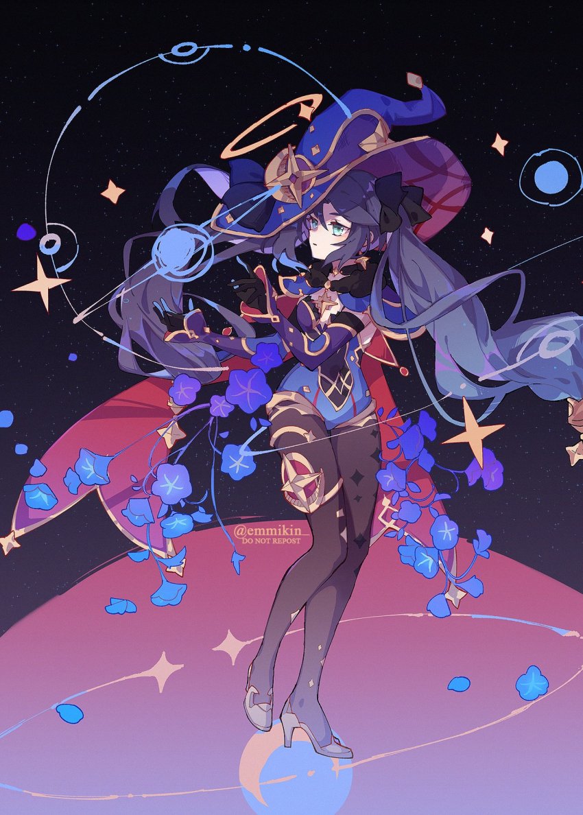 1girl aqua_eyes black_background black_bow black_choker black_gloves blue_flower blush bodystocking bow breasts cape choker closed_mouth earrings emmikn falling_petals flower full_body fur_collar genshin_impact gloves hair_bow hand_up hat high_heels highres jewelry light_smile long_hair long_sleeves looking_to_the_side mona_(genshin_impact) orbit pantyhose petals purple_hair purple_hat shoes simple_background sky small_breasts solo standing star_(symbol) star_earrings thigh_strap thighlet twintails water_drop white_background witch_hat