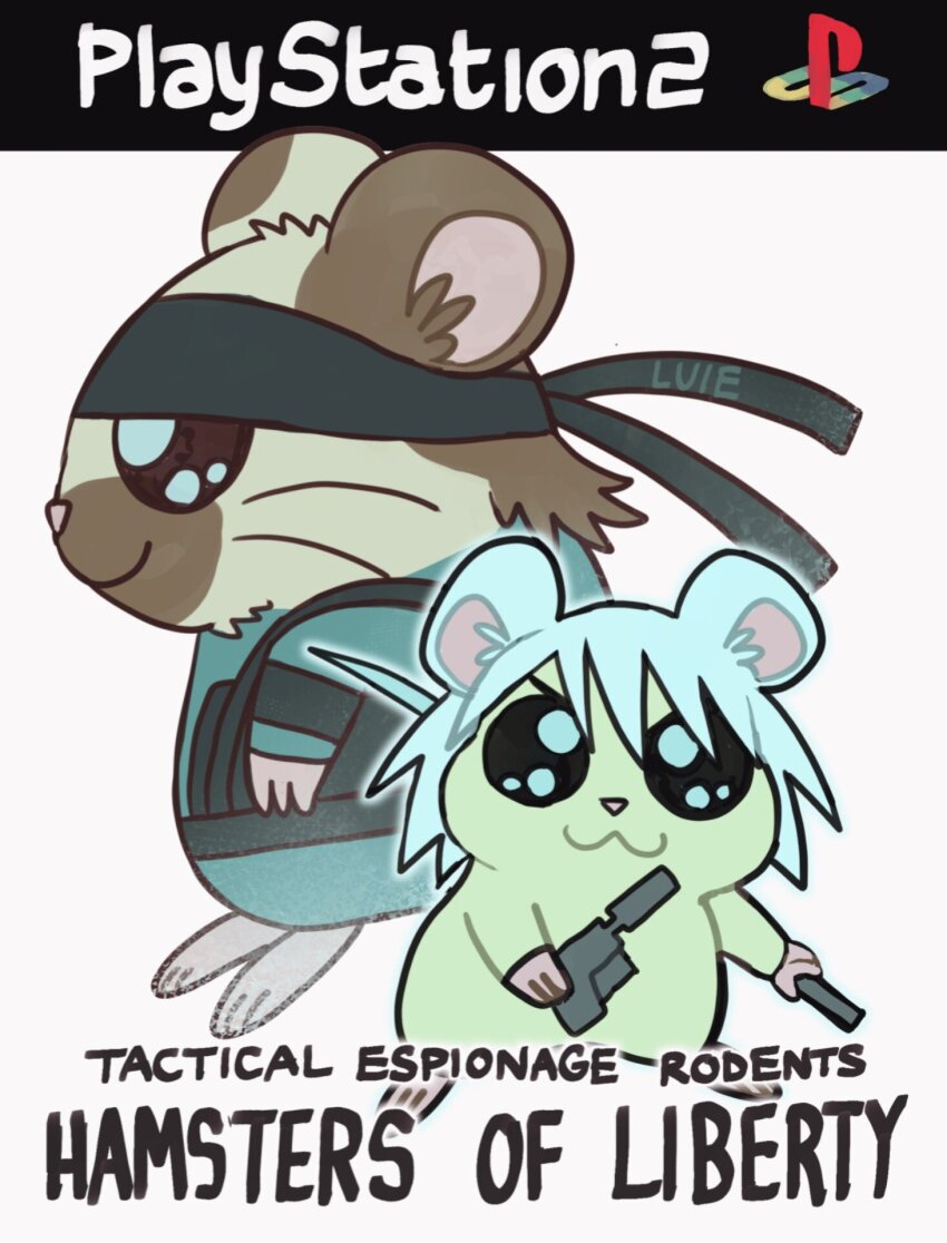 2boys animalization bandana brainrot_robot brown_hair character_request commentary cover english_commentary english_text facial_hair fake_cover game_console gun hamtaro_(series) highres holding holding_gun holding_weapon male_focus metal_gear_(series) metal_gear_solid_2:_sons_of_liberty multiple_boys parody playstation_2 playstation_logo short_hair weapon white_hair