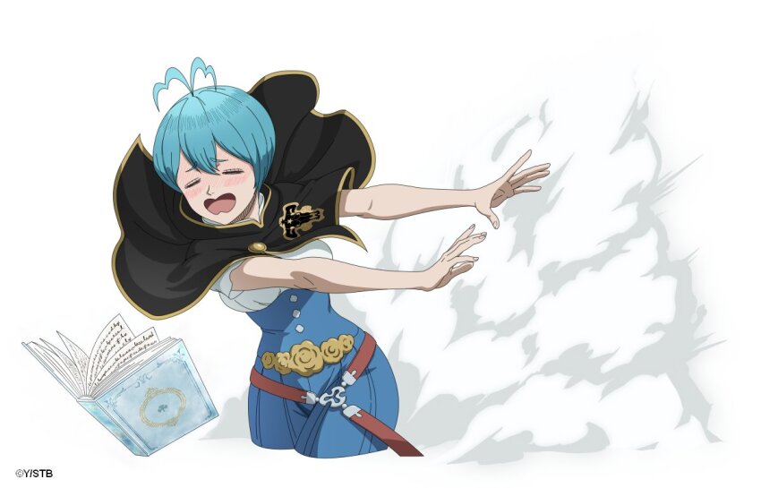 1girl baggy_pants belt black_bulls_(emblem) black_capelet black_clover black_clover_m:_rise_of_the_wizard_king blue_hair blue_pants blush bob_cut book brown_belt capelet closed_eyes grey_(black_clover) grimoire looking_at_viewer official_art open_book open_mouth pants shirt short_hair simple_background solo upper_body white_background white_shirt
