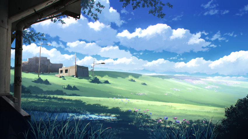 abandoned absurdres anyotete blue_sky bush cloud dilapidated flower highres lamppost landscape meadow no_humans original outdoors scenery sky traffic_light tree