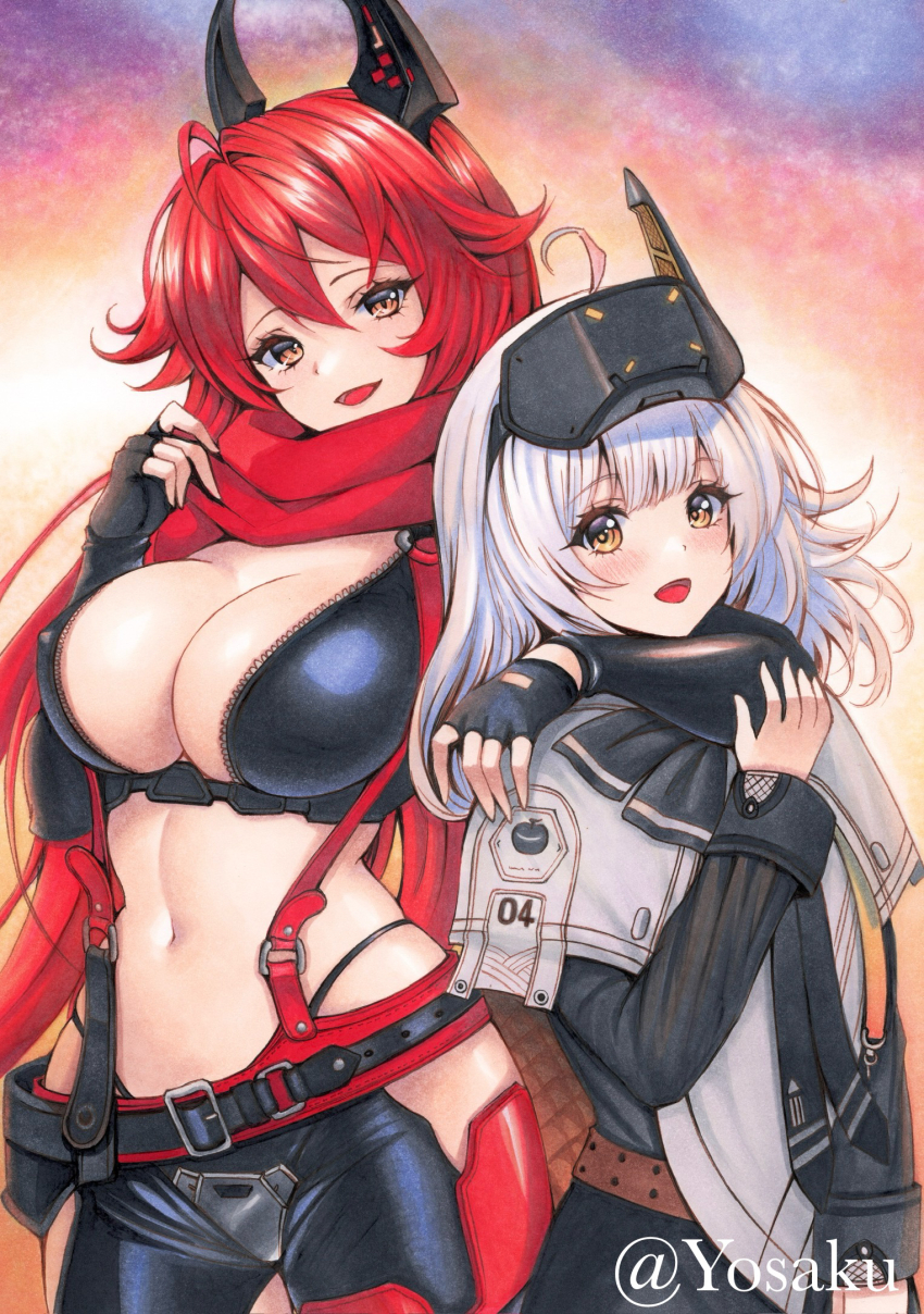 2girls black_gloves blush breasts cleavage cloak codpiece commentary_request cowboy_shot cropped_jacket fingerless_gloves gloves goddess_of_victory:_nikke goggles hair_between_eyes hair_flaps head-mounted_display highres horns jacket large_breasts leather leather_jacket long_hair long_sleeves looking_at_viewer marker_(medium) mechanical_horns multiple_girls navel open_mouth red_hair red_hood_(nikke) red_scarf scarf sidelocks smile snow_white_(nikke) standing stomach traditional_media white_cloak white_hair yellow_eyes yosaku_vs_hina