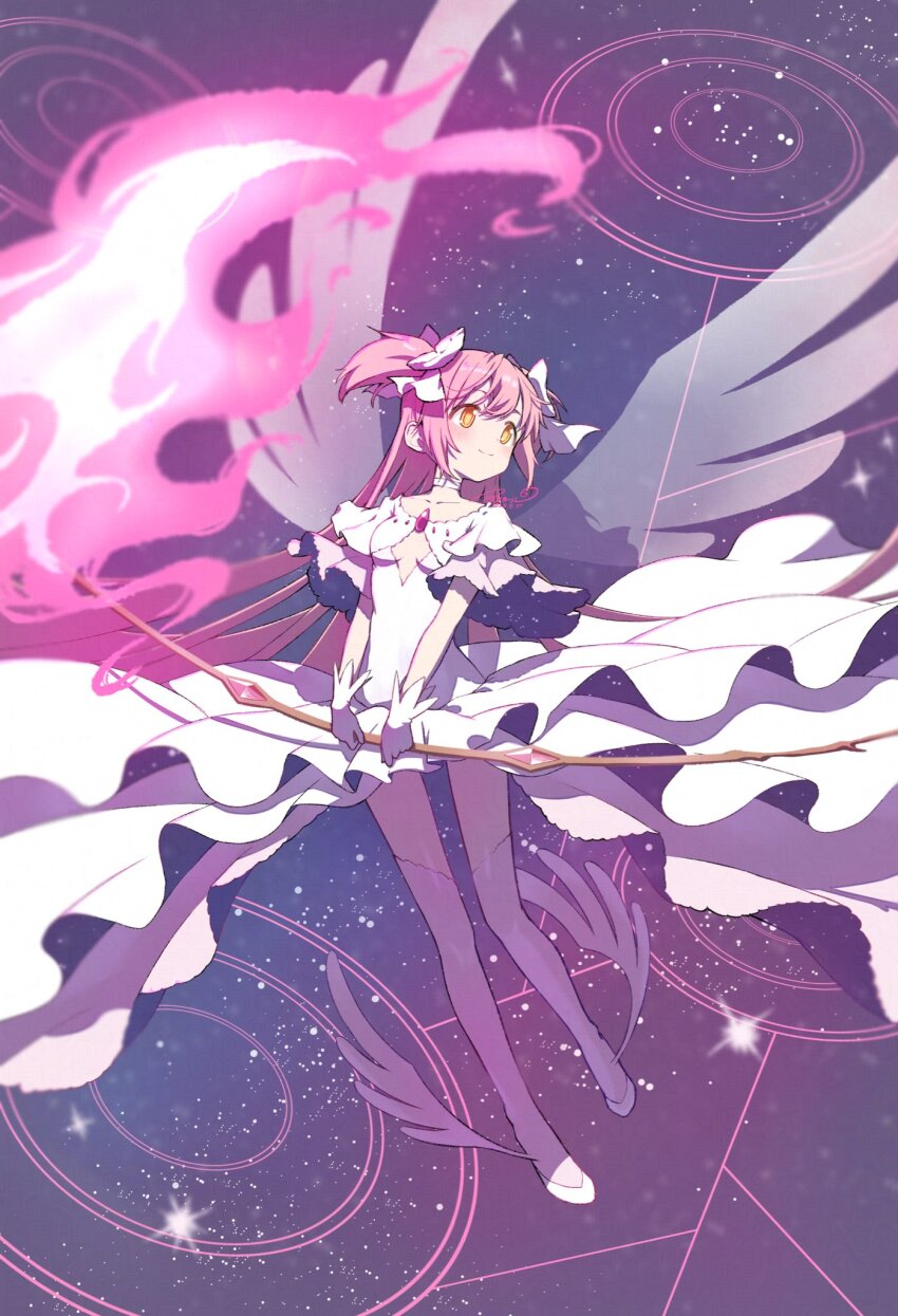 1girl absurdly_long_hair asukaru_(magika_ru) bow bow_(weapon) chest_jewel choker cleavage_cutout closed_mouth clothing_cutout collarbone diamond_cutout dot_nose dress energy_wings fire flaming_weapon floating floating_clothes floating_hair frilled_sleeves frills full_body gem gloves hair_bow happy highres holding holding_bow_(weapon) holding_weapon kaname_madoka light_blush long_dress long_hair looking_to_the_side magic_circle mahou_shoujo_madoka_magica mahou_shoujo_madoka_magica_(anime) pink_fire pink_gemstone pink_hair pink_thighhighs pink_wings pleated_sleeves shoes short_sleeves smile solo space space_print spread_wings starry_sky_print tareme thighhighs transparent_wings two-sided_dress two-sided_fabric two-sided_sleeves two_side_up ultimate_madoka very_long_hair weapon white_bow white_choker white_dress white_gloves white_shoes winged_shoes wings yellow_eyes