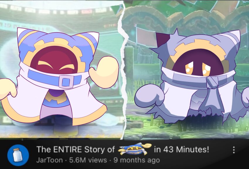 before_and_after game_screenshot_background gloves grass grey_gloves highres kirby&#039;s_return_to_dream_land_deluxe kirby_(series) kirbyearthbound looking_at_viewer magolor magolor_epilogue meme nintendo no_humans rayman_limbs screenshot_background torn_clothes yellow_eyes yellow_gloves youtube