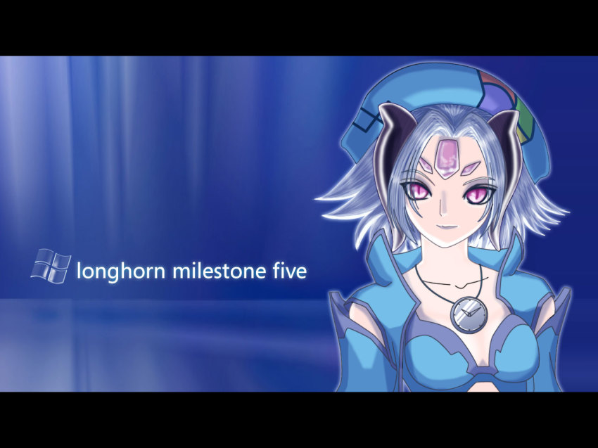1girl beret collarbone facial_mark female_focus flipped_hair forehead_jewel grey_hair hat horns jewelry letterboxed longhorn looking_at_viewer necklace os-tan pendant purple_eyes slit_pupils solo upper_body watch