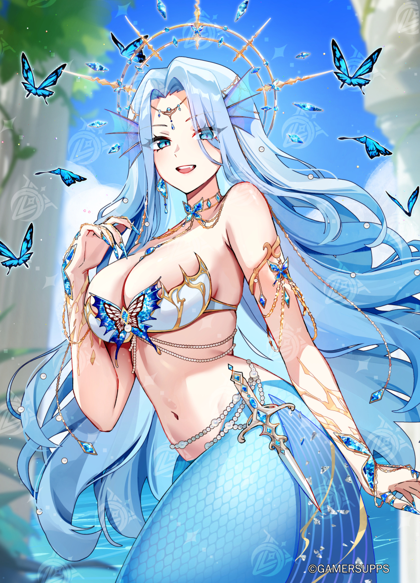1girl absurdres armpit_crease beads blue_butterfly blue_eyes blue_gemstone blue_hair blurry body_jewelry bra breasts bug butterfly butterfly_ornament cleavage commentary company_name copyright_notice cowboy_shot curtained_hair dagger depth_of_field eyelashes fang fingernails fins foxyreine gamer_supps gem gold gold_trim halo halo_behind_head head_fins highres indie_virtual_youtuber insect knife large_breasts light_blush long_hair looking_at_viewer mermaid monarch_(amalee) monarch_(siren)_(amalee) monster_girl navel official_art open_mouth sharp_fingernails siren_(mythology) smile solo stomach strapless strapless_bra teeth underwear upper_teeth_only virtual_youtuber watermark watermark_grid wavy_hair weapon