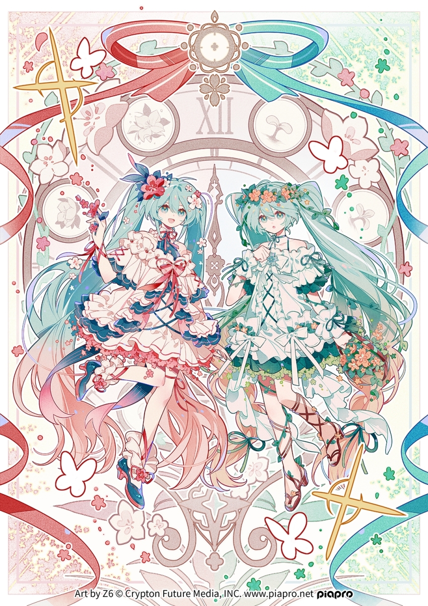 2girls :o absurdly_long_hair aqua_eyes aqua_hair artist_name bare_shoulders basket blue_shirt blue_shoes border bow bowtie bra_strap braid brown_ribbon brown_sandals bug butterfly chinese_commentary clock collared_shirt commentary_request company_name copyright_notice cross-laced_clothes cross-laced_dress cross-laced_sleeves curious dot_nose dress dress_bow dual_persona eyelashes flower flower_basket frilled_dress frilled_sleeves frilled_socks frilled_wrist_cuffs frills full_body gradient_hair green_background green_eyes green_ribbon hair_between_eyes hair_flower hair_ornament hand_on_own_chest happy hatsune_miku head_wreath high_collar high_heel_sandals high_heels highres holding holding_basket holding_flower insect leg_ribbon leg_up long_hair looking_at_viewer low-tied_long_hair low_twin_braids medium_dress multicolored_hair multiple_girls neck_ribbon off-shoulder_dress off_shoulder official_art open_mouth orange_flower orange_hair outline outside_border pink_background pink_bow pink_bowtie pink_flower pink_hair plant pumps red_ribbon ribbon ribbon_legwear sandals shirt shoes short_sleeves single_sleeve_past_wrist single_stripe sleeveless sleeveless_shirt smile socks sparkle striped_bow striped_bowtie striped_clothes thigh_strap twin_braids two-tone_background very_long_hair vines vocaloid white_border white_bow white_dress white_flower white_outline white_socks white_wrist_cuffs wrist_cuffs wrist_ribbon z6