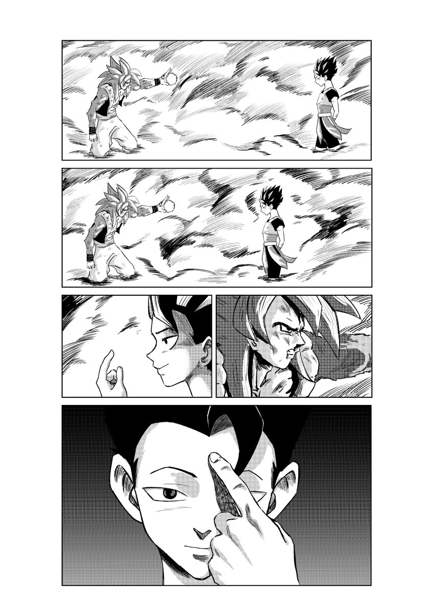 2boys abs absurdres after_battle armor arms_behind_back black_hair cabba comic_panel_redraw commentary derivative_work dragon_ball dragon_ball_gt dragon_ball_super dust_cloud energy_ball english_commentary expressionless finger_on_forehead gogeta highres injury long_hair looking_at_another looking_at_viewer male_focus monochrome monster_(manga) multiple_boys muscular muscular_male pants saiyan_armor scratches seagull_png shorts smile super_saiyan super_saiyan_4 vest