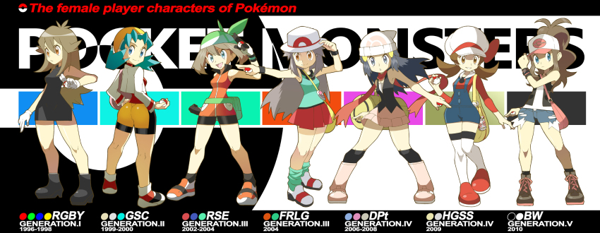 00s 10s 1990s_(style) 2002 2004 2006 2008 2009 2010 6+girls alternate_costume bad_id bad_pixiv_id bag bandana baseball_cap bike_shorts black_dress black_hair blue_(pokemon_(remake) blue_hair brown_hair copyright_name dawn_(pokemon) denim denim_shorts dress dual_persona english_text everyone green_(pokemon) hair_ornament hairclip hat hat_ribbon highres hilda_(pokemon) hip_focus holding holding_poke_ball kris_(pokemon) leaf_(pokemon) legs long_hair long_image lyra_(pokemon) may_(pokemon) may_(pokemon_emerald) md5_mismatch miniskirt multiple_girls nintendo poke_ball pokegear pokemon pokemon_adventures pokemon_bw pokemon_dppt pokemon_frlg pokemon_gsc pokemon_hgss pokemon_rgby pokemon_rgby_beta pokemon_rse porkpie_hat prototype_design red_ribbon retro_artstyle ribbon shigino_sohuzi shorts skirt vest wide_hips wide_image