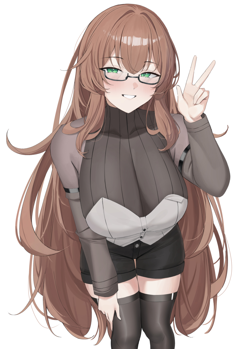 1girl absurdres arm_strap black-framed_eyewear black_shorts black_thighhighs blush breasts brown_hair brown_shirt cleavage commission glasses green_eyes grey_corset highres large_breasts long_hair long_sleeves looking_at_viewer original pixiv_commission ref_(pmxt4483) shirt short_shorts shorts smile solo thighhighs v
