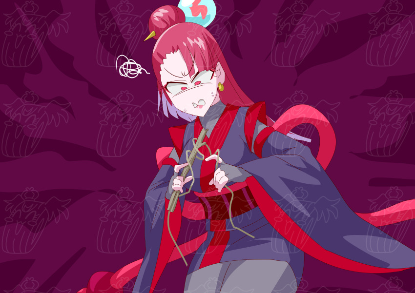 1girl absurdres bodysuit colored_skin demon_girl detached_sleeves earrings grey_bodysuit hair_bun highres holding holding_rope holding_stick japanese_clothes jewelry kimono lipstick long_hair makeup multicolored_hair nontraditional_miko obi open_mouth otokamu pink_skin precure red_eyes red_hair rope sash single_hair_bun solo stick sweatdrop two-tone_hair two-tone_kimono wonderful_precure! zakuro_(precure)