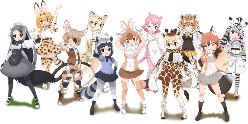 6+girls animal_ears apron belt black_eyes black_hair blonde_hair boots bow bowtie brown_eyes brown_hair chapman&#039;s_zebra_(kemono_friends) common_raccoon_(kemono_friends) dhole_(kemono_friends) dress elbow_gloves extra_ears fingerless_gloves gambian_rat_(kemono_friends) garter_straps giant_anteater_(kemono_friends) gloves grey_hair horns jacket japari_symbol kemono_friends kemono_friends_3 long_hair looking_at_viewer multiple_girls necktie official_art one_eye_closed orange_hair pants pantyhose peach_panther_(kemono_friends) pink_hair red_eyes red_fox_(kemono_friends) red_hair reticulated_giraffe_(kemono_friends) ribbon sand_cat_(kemono_friends) scarf serval_(kemono_friends) shirt shoes short_hair siberian_tiger_(kemono_friends) skirt sleeveless sleeveless_shirt socks sweater_vest tail thighhighs transparent_background twintails white_hair yellow_eyes yoshizaki_mine_(style)