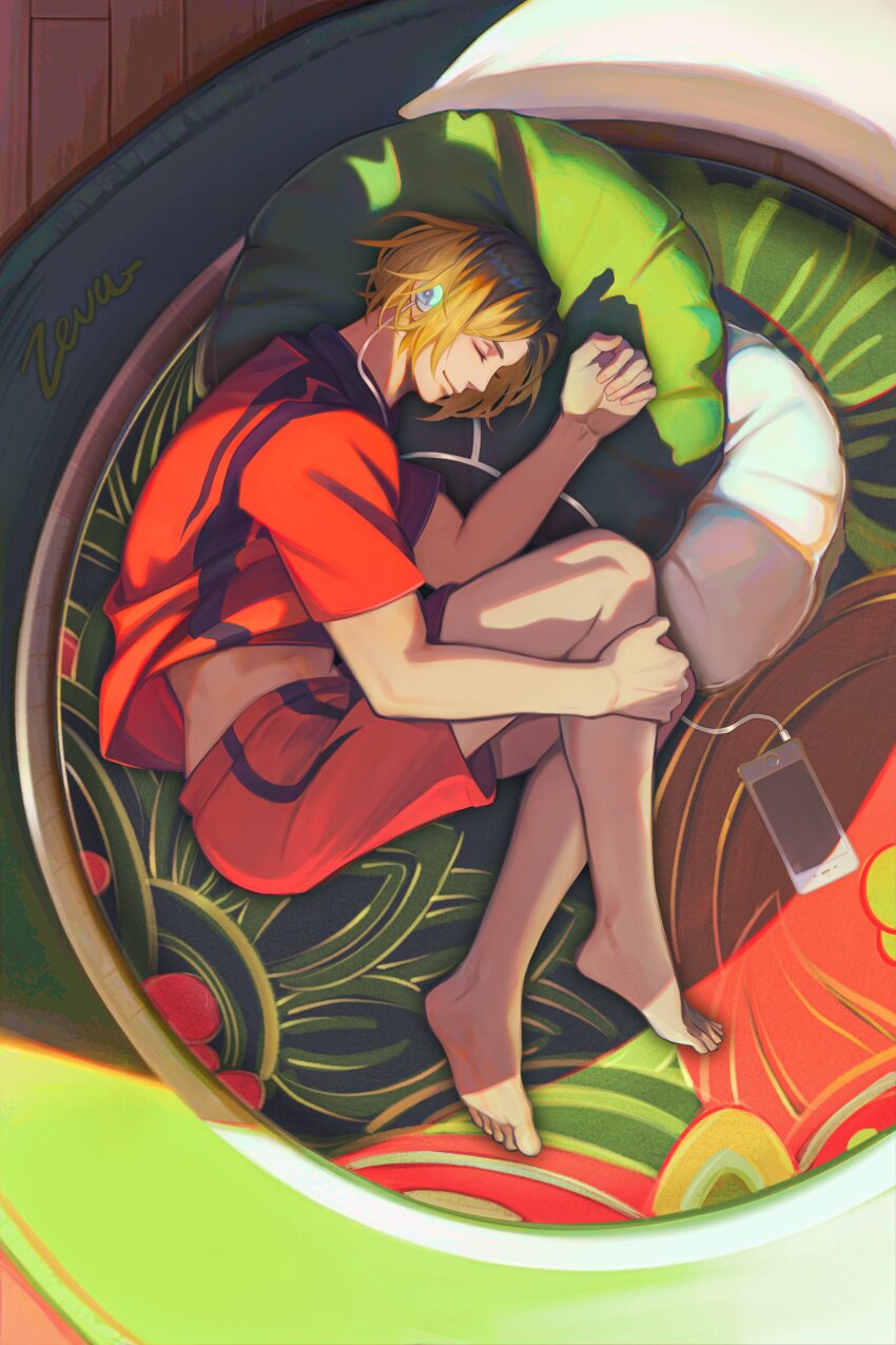 1boy absurdres black_hair blonde_hair cellphone closed_eyes closed_mouth commentary curled_up from_above haikyuu!! hand_on_own_leg hashtag-only_commentary headphones highres iphone knees_up kozume_kenma lying male_focus midriff multicolored_hair nekoma_volleyball_uniform on_side phone pillow roots_(hair) shirt shorts smartphone smile solo zeva0326
