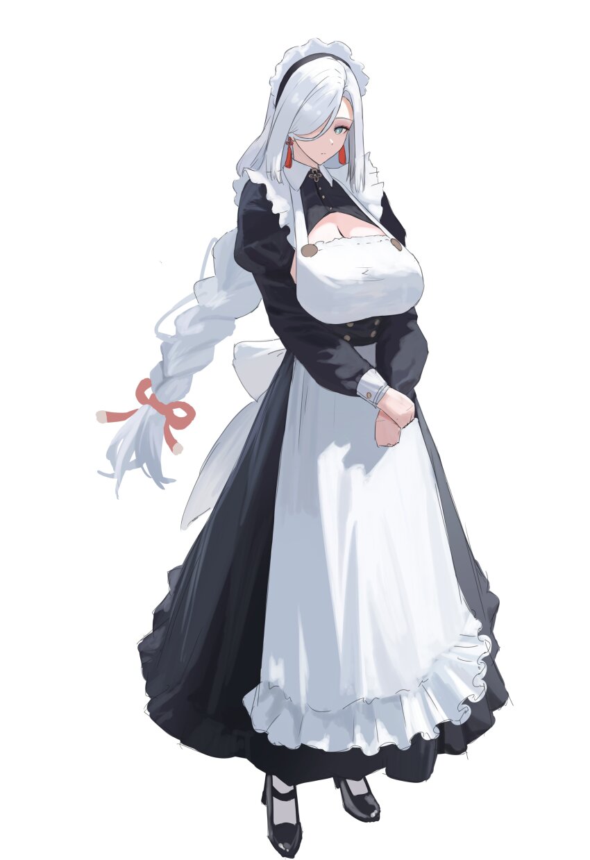 1girl absurdres alternate_costume apron black_dress dress genshin_impact hair_over_one_eye highres long_hair low-braided_long_hair low-tied_long_hair maid maid_apron maid_headdress shenhe_(genshin_impact) simple_background solo waist_apron white_apron white_background yumeto_(ym-1)