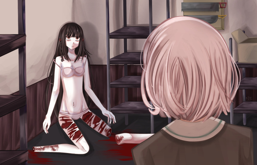 bad_tag blood blood_stain ero_guro guro helmet highres kitanai_kimi_ga_ichiban_kawaii lingerie long_hair non-web_source self-harm underwear yuri