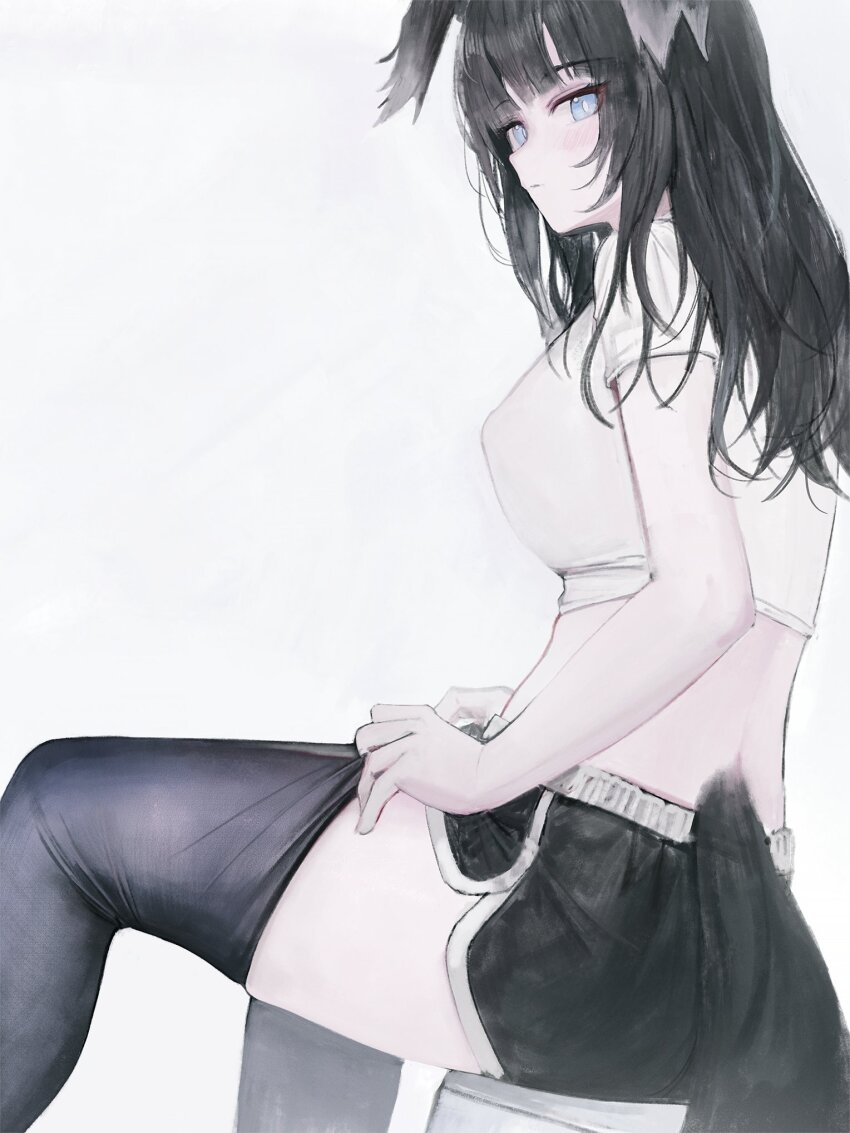 1girl adjusting_clothes adjusting_legwear alternate_costume animal_ears black_hair black_shorts black_thighhighs blue_archive breasts bright_pupils chair closed_mouth cropped_shirt dog_ears dog_girl dog_tail dolphin_shorts feet_out_of_frame flippy_(cripine111) floppy_ears from_side grey_eyes hibiki_(blue_archive) highres long_hair looking_at_viewer on_chair shirt short_sleeves shorts simple_background sitting solo tail thighhighs white_background white_pupils white_shirt